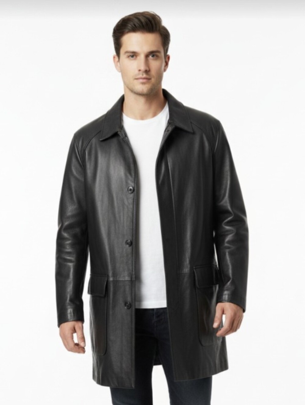 PHASE TWO! STUNNING BLACK GENUINE LEATHER ZIP-OUT THERMAL LINER COAT! SZ XL
